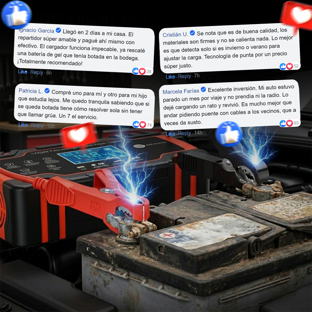 No te quedes botado con la batería descargada - Cargador Reparador de Baterías para Auto
